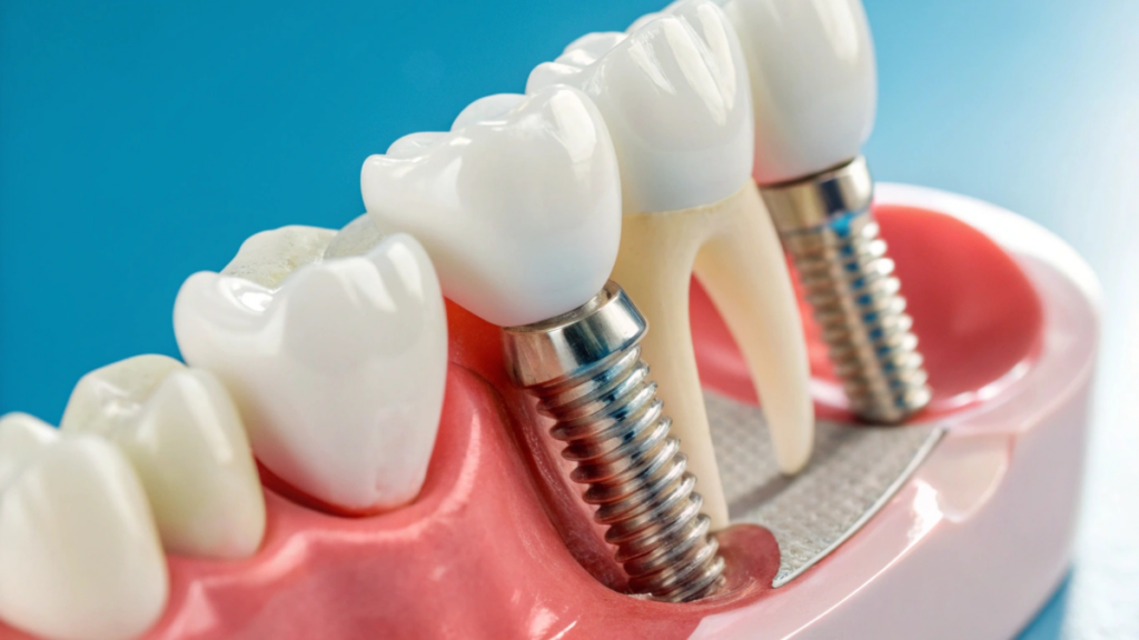 Dental implant restorations replacing missing teeth at Broad St Smiles in San Luis Obispo, CA.