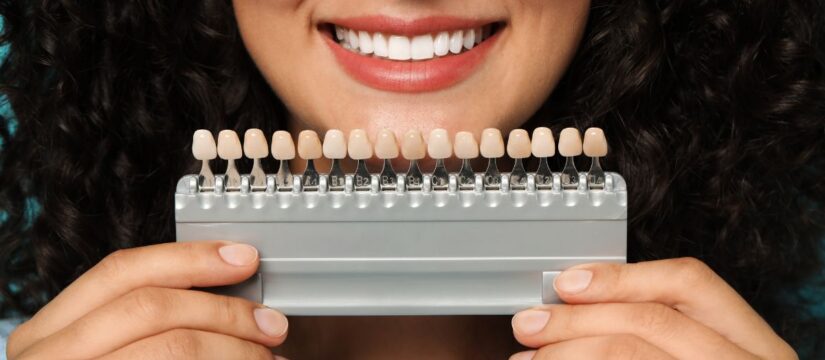 Woman smiling while holding a dental shade guide to compare tooth color for porcelain veneers consultation.
